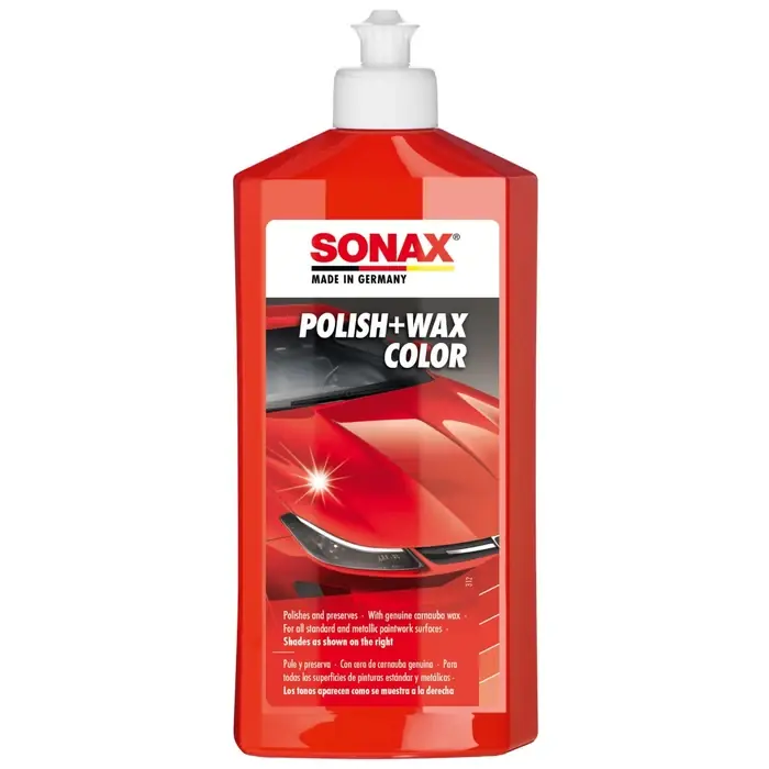 Ceara auto, pentru suprafete vopsite rosu, Sonax Polish + Wax Color, 500 ml Disponibil imediat