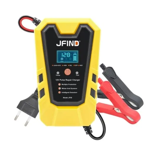 Retur ușor Incarcator Inteligent pentru Baterie Auto Jfind, 12V, 6A, 90W, Functie Puls de Reparare, Afisaj LCD, Masina, Camion, Motocicleta, Galben/Negru