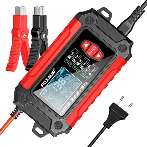 Cel mai vândut Incarcator și Tester Baterie FOXSUR FTC-1206 2-in-1, 12V/6A – Redresor Inteligent pentru Baterii Auto si Moto cu Functii Desulfatare, Reparare prin Impulsuri, Rosu/Negru