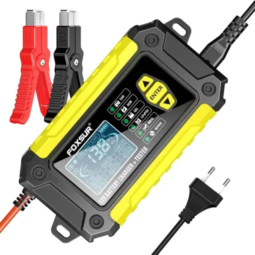 Incarcator și Tester Baterie FOXSUR FTC-1206 2-in-1, 12V/6A – Redresor Inteligent pentru Baterii Auto si Moto cu Functii Desulfatare, Reparare prin Impulsuri, Galben/Negru Calitate înaltă