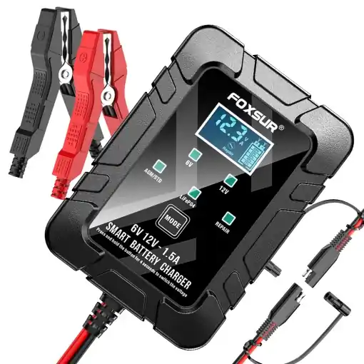 Incarcator inteligent baterie auto si moto FOXSUR 6V/12V, 1.5A, compatibil AGM, GEL, SLA, LiFePO4, cu Pulse Repair, LCD digital, protectie multipla Lichidare de stoc