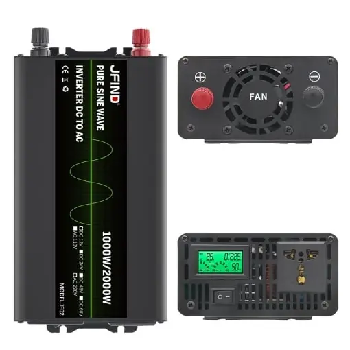 Livrare expres Invertor auto JFIND JF02, unda sinusoidala pura, 12V la 220V, 1000W continuu, 2000W varf, afisaj LCD, protectii multiple, ideal pentru auto, rulote, unelte, aparate sensibile