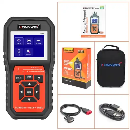 Tester Diagnoza Auto Konnwei KW480, Functii Complete pentru BMW, OBD2, Resetare Ulei, Citire Coduri, Test Motor, ABS, SRS, EVAP, Reset Ulei, Printare PC, Ecran 2.8 inch Noutate