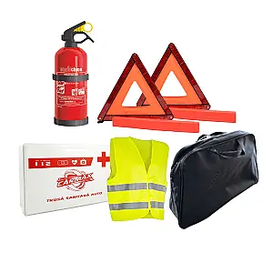 Cel mai vândut KIT SIGURANTA AUTO - 5 BUC (VESTA, TRUSA, STINGATOR-P1, TRIUNGHI 2 BUC) - geanta